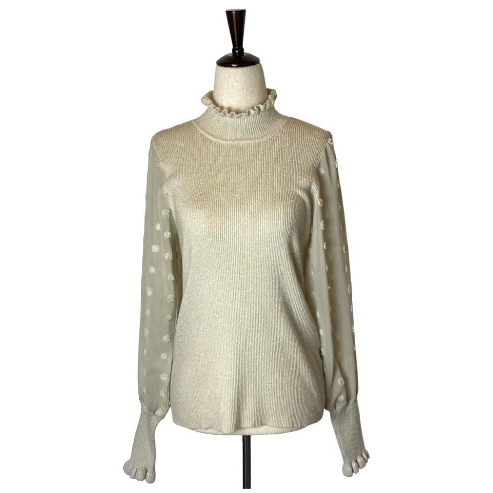 Callahan Beige Ruffled‎ Mock Neck Metallic Sheer Puff Sleeve Sweater Size L